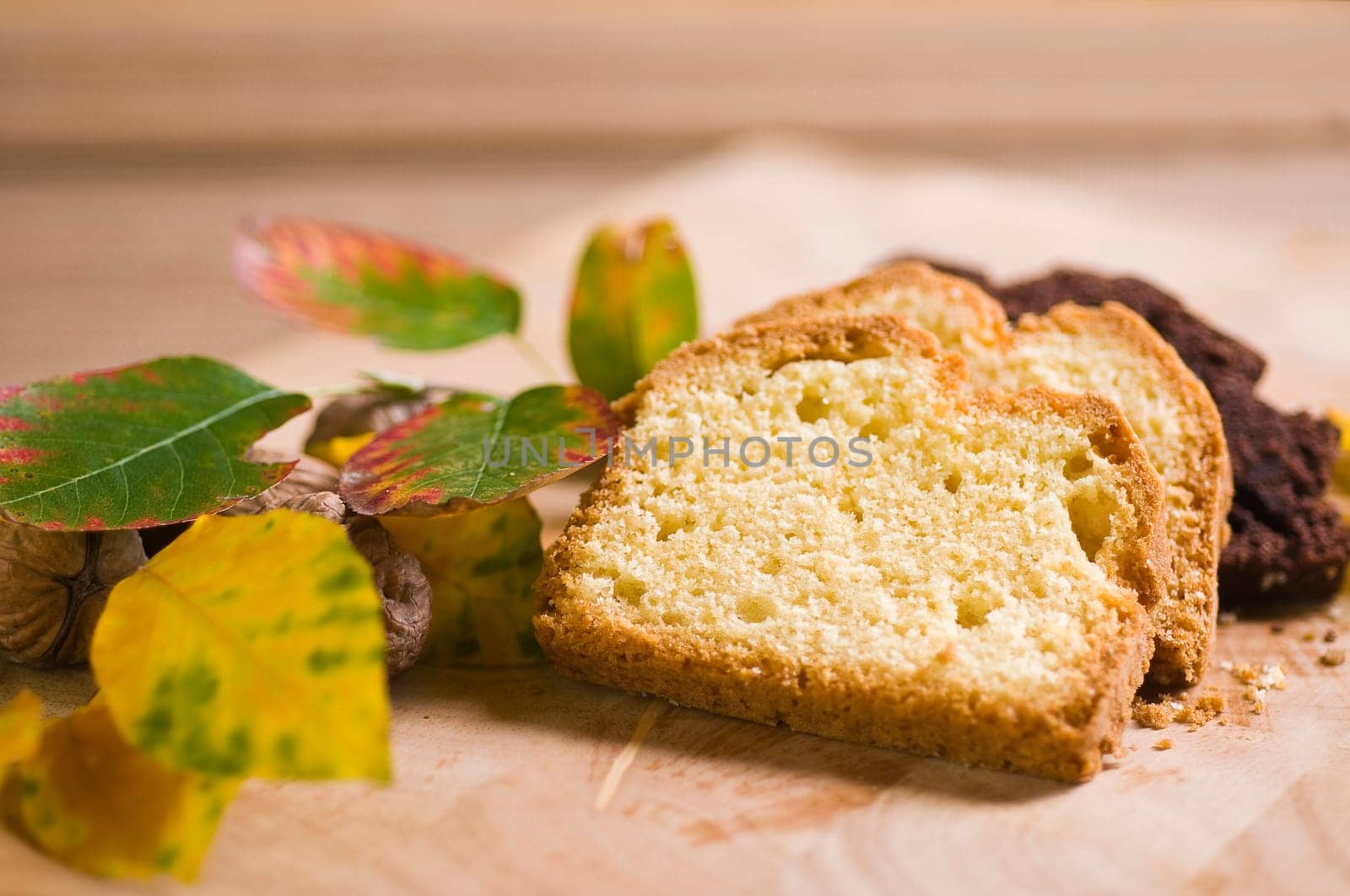 Sand cake and chocolate cake in slices