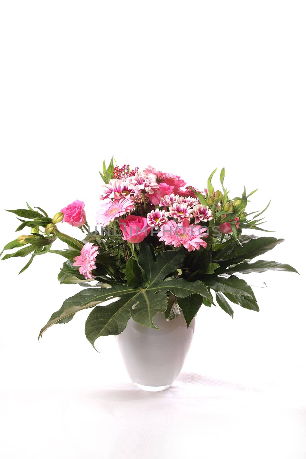 Pink bouquet of flowers from white background