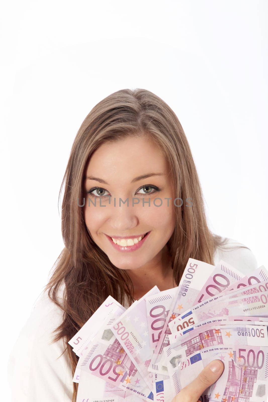 Woman holding many 500 euro bills in her hands