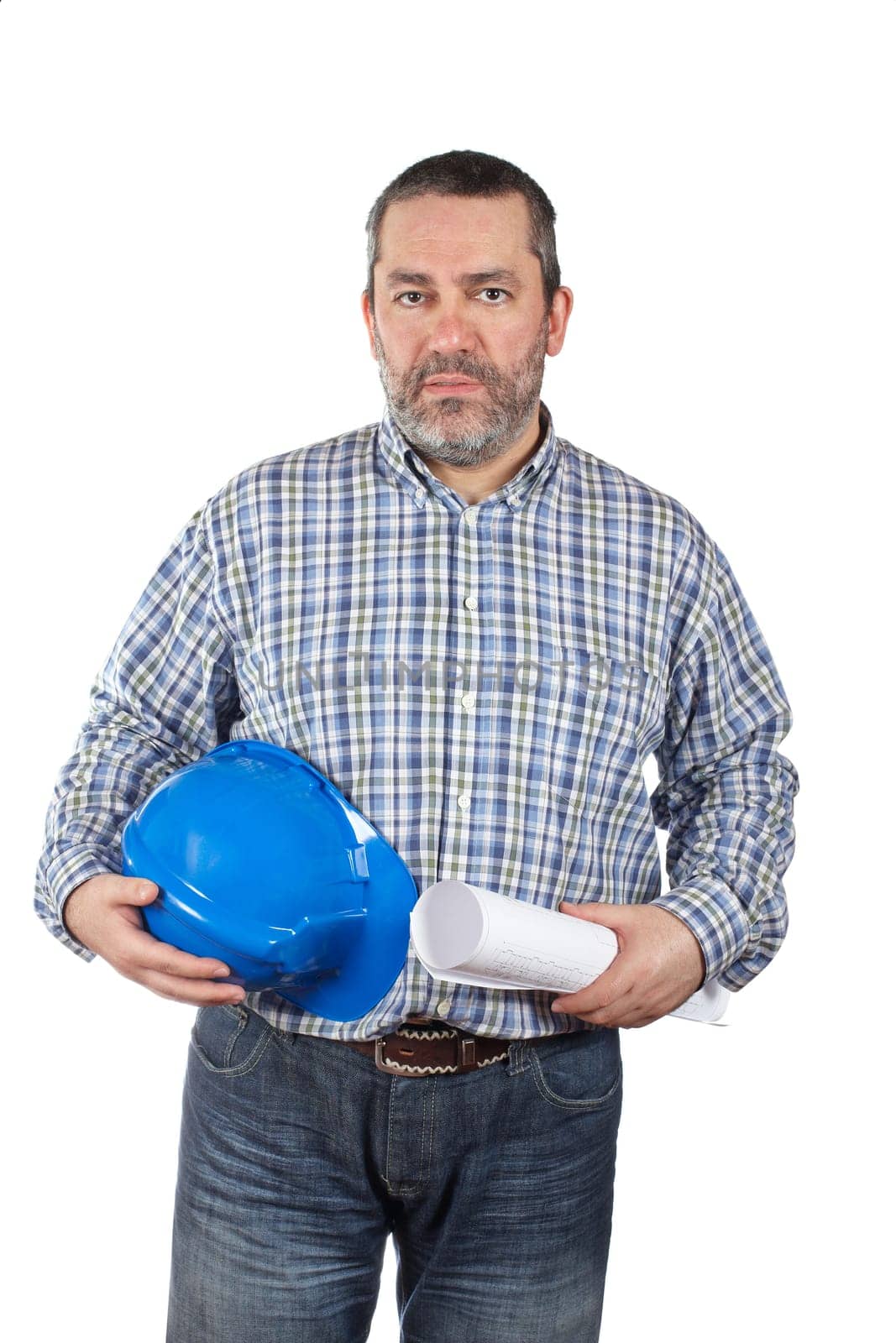 Construction worker holding blueprints