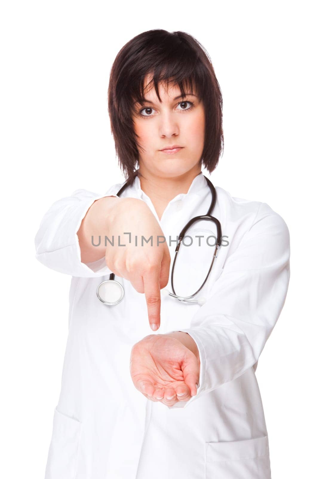 Young female doctor holding up her hand