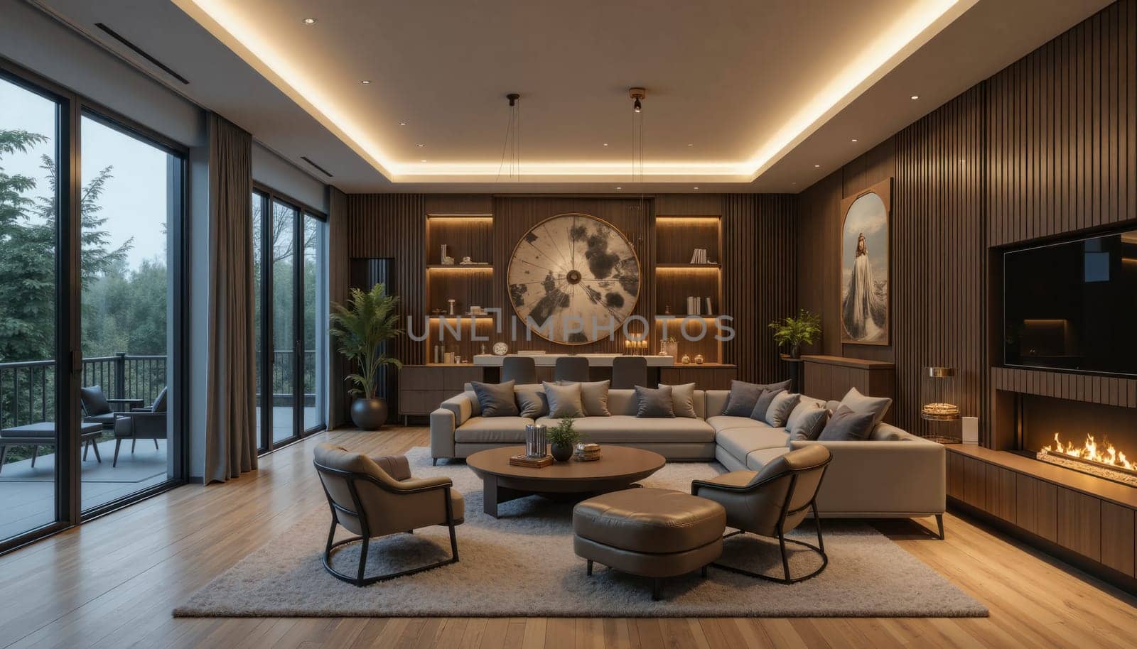 A large living room with a fireplace and a large clock on the wall. The room is well lit and has a cozy atmosphere