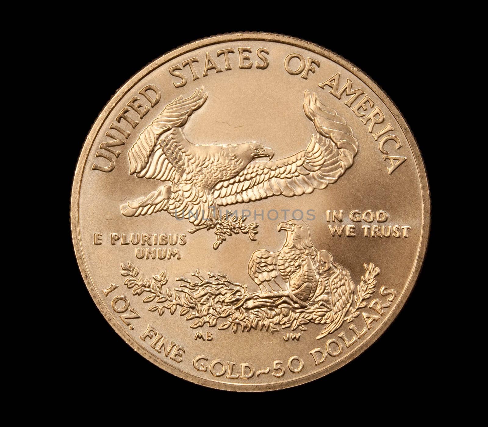 Close up of the Eagle side of a gold coin