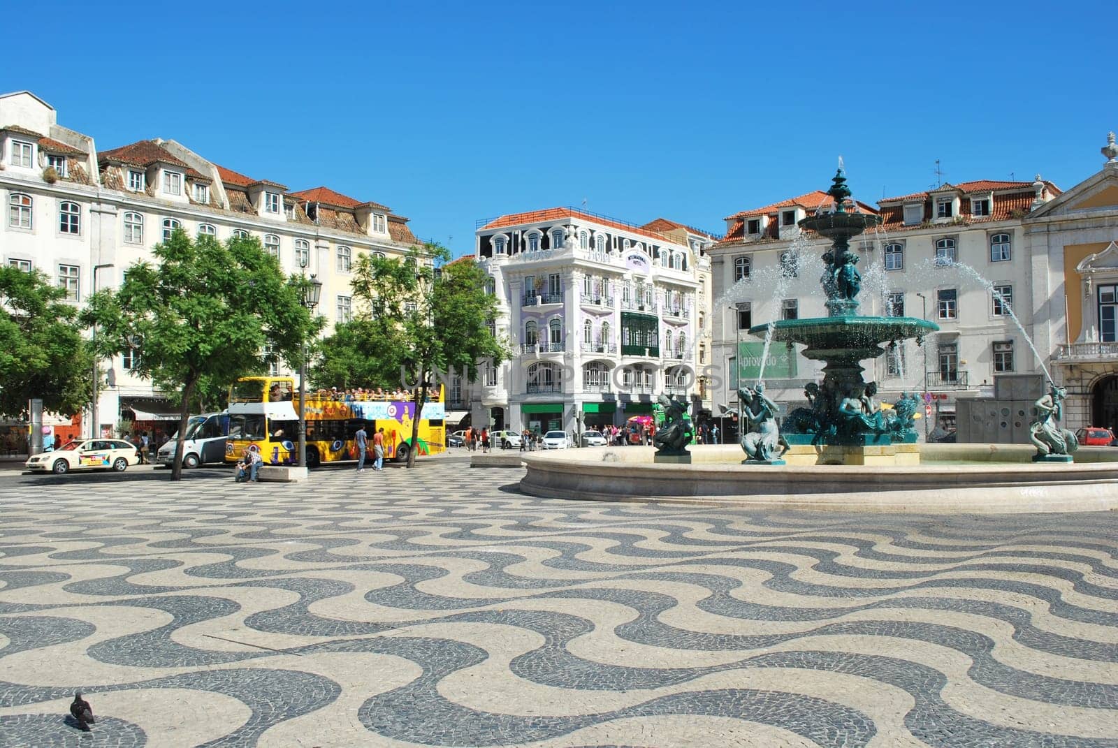 Famous square and fountain in Lisbons downtown, Portugal