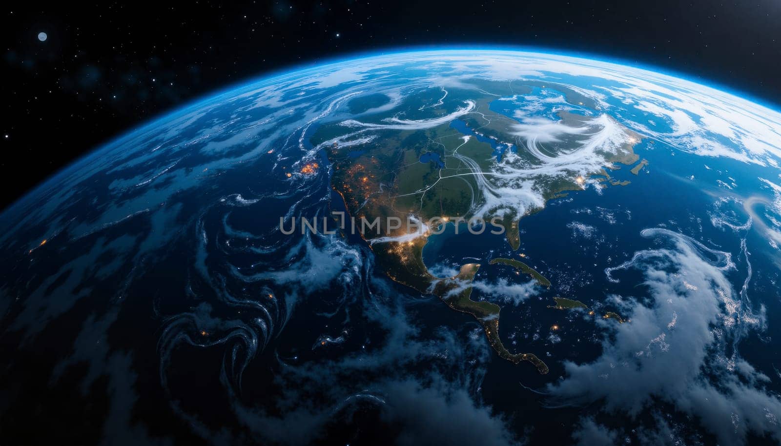 A beautiful blue planet with a clear sky. The planet is surrounded by clouds, and the stars are visible in the background