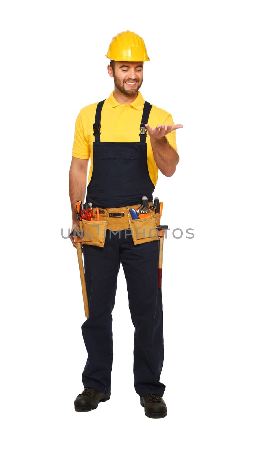 happy handyman standing on white backgro