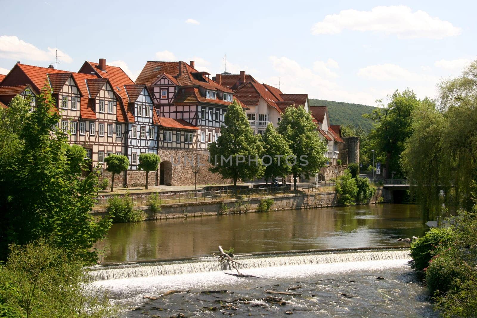 Half-timbered town of Hann Münden with Fulda weir