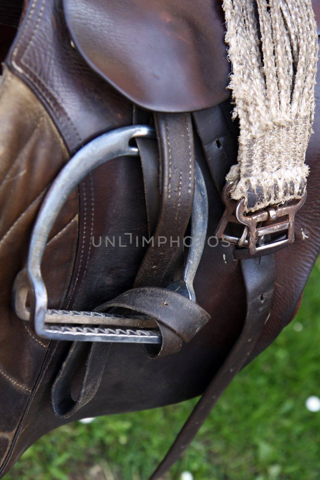 Close-up horse brown leather saddle