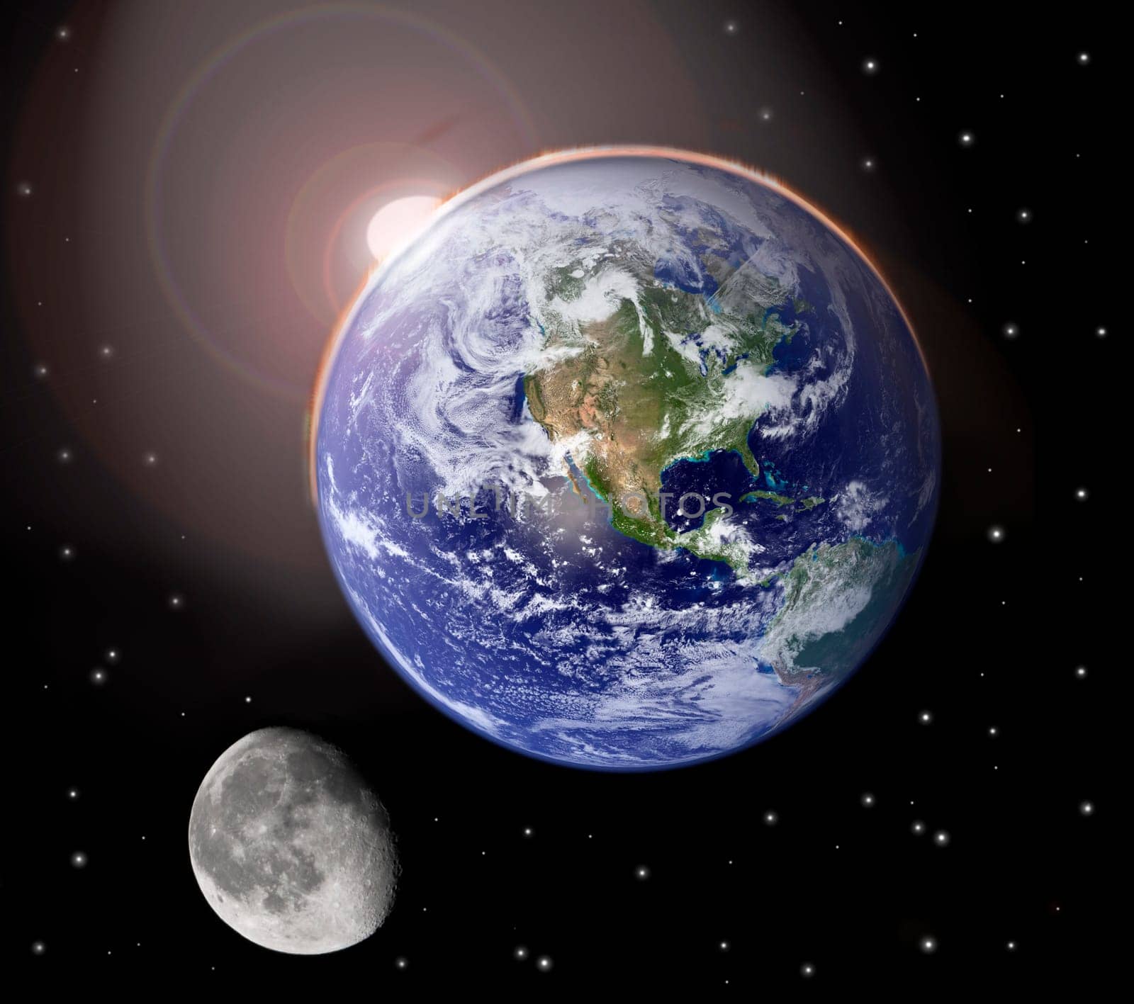 Sunset on planet earth and moon
