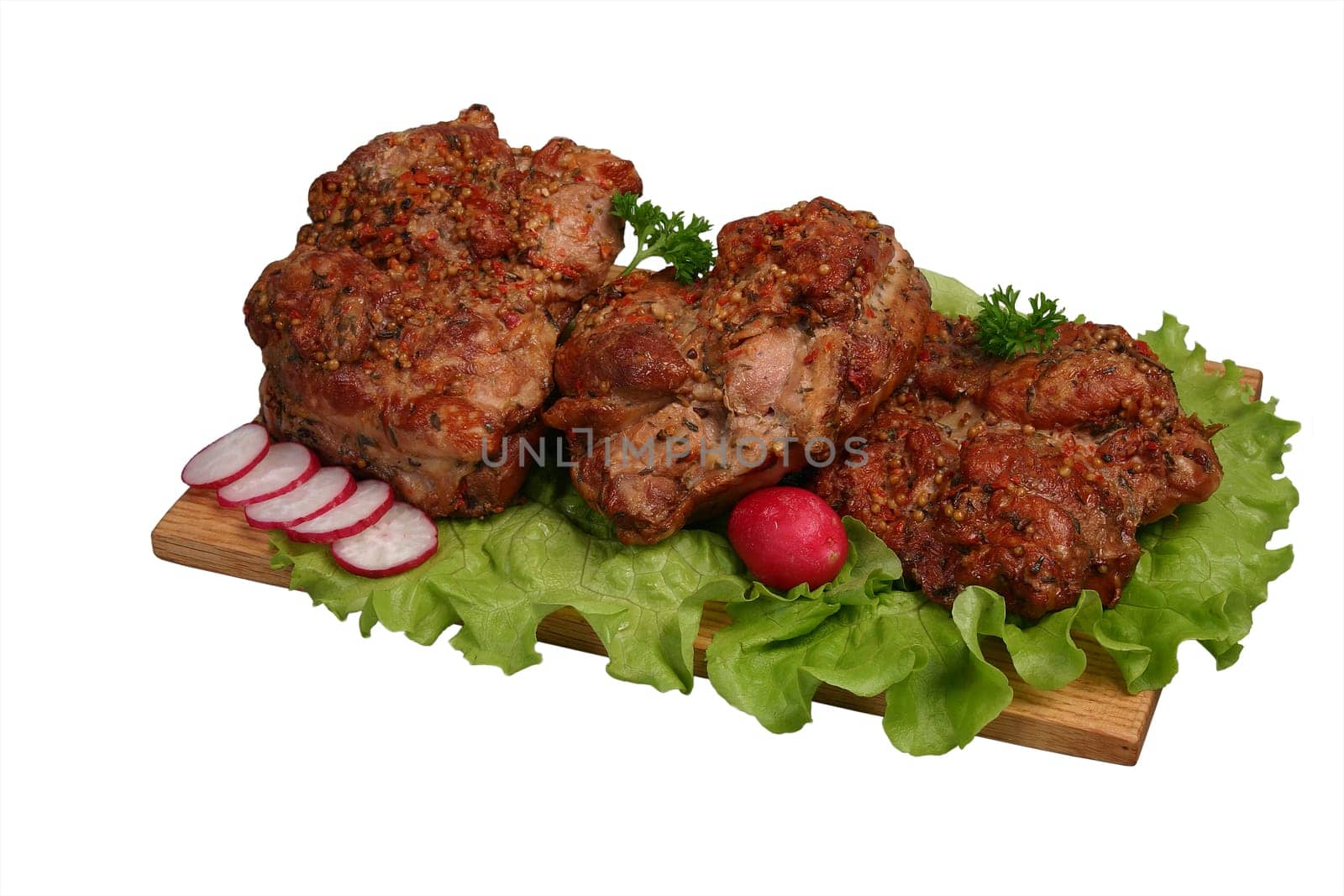 Smoked chicken kebab on wooden board.