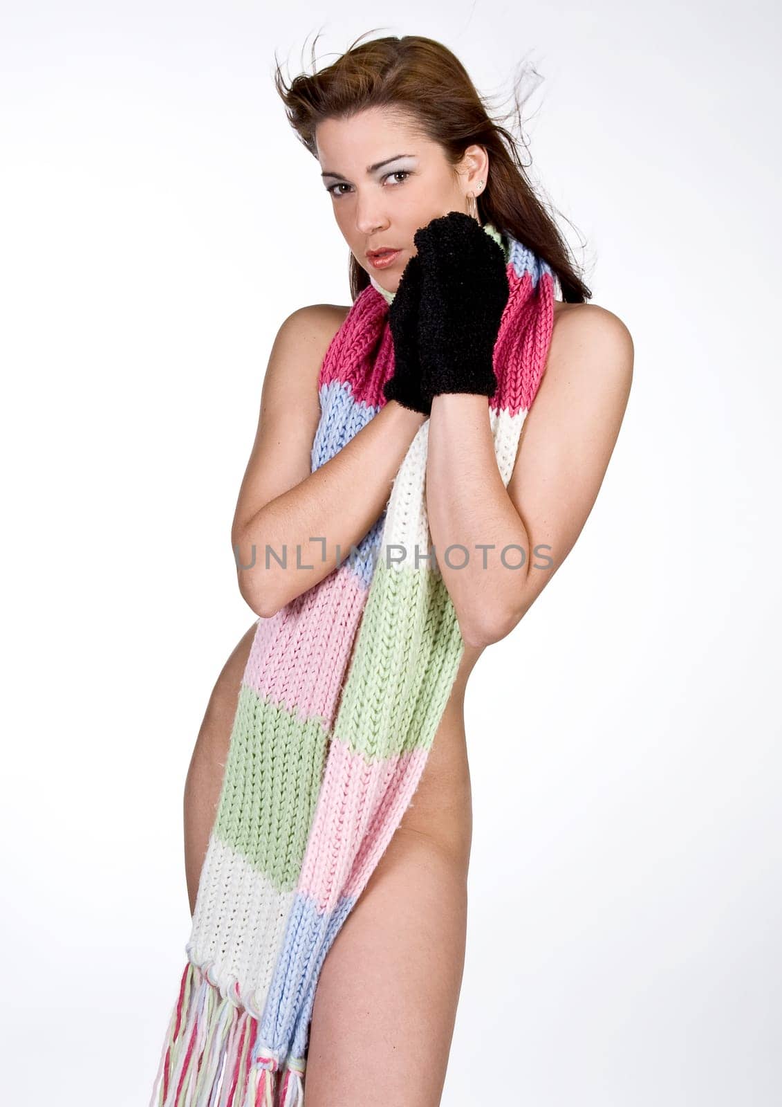 Nude with scarf and gloves