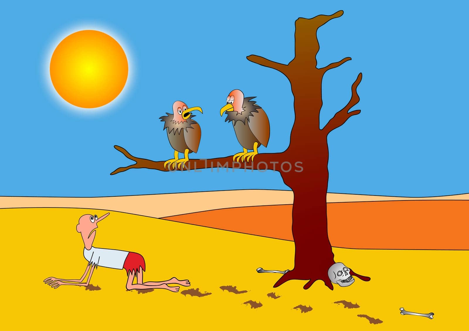 Humorous illustration - poor prospects - man in hot water - inevitable destiny