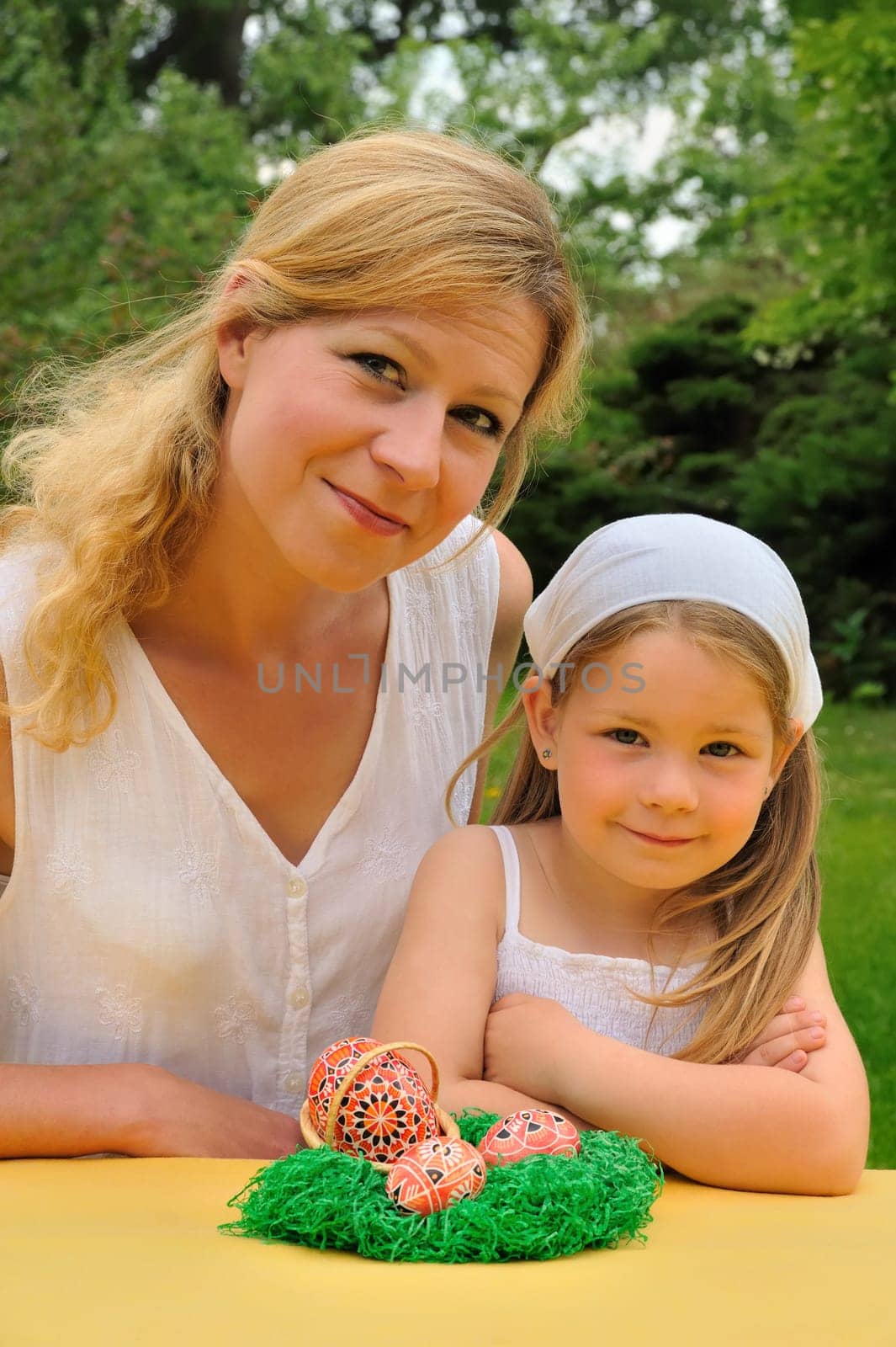Young mother and daughter having Easter time