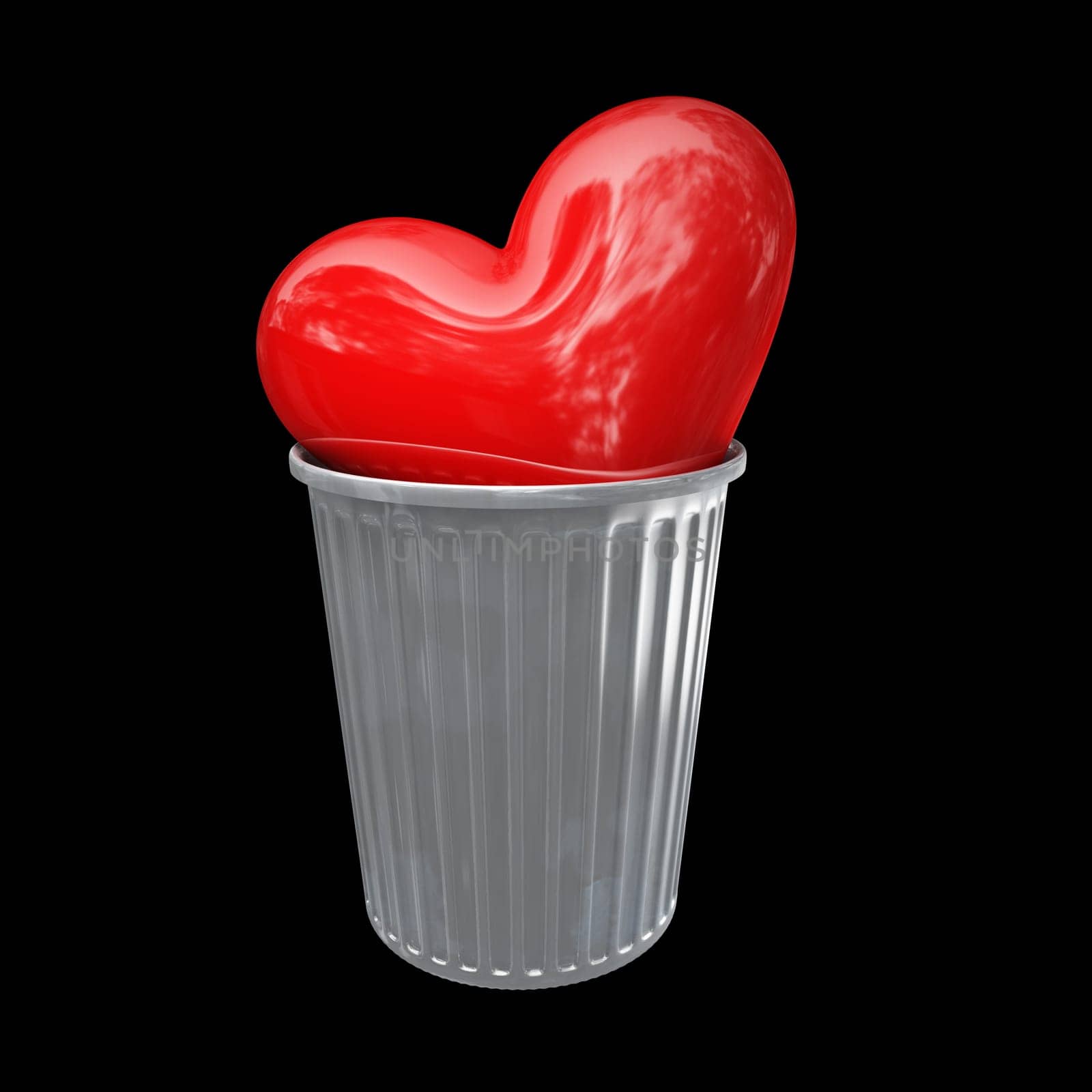 big 3d red heart in metal trash can isolated on black