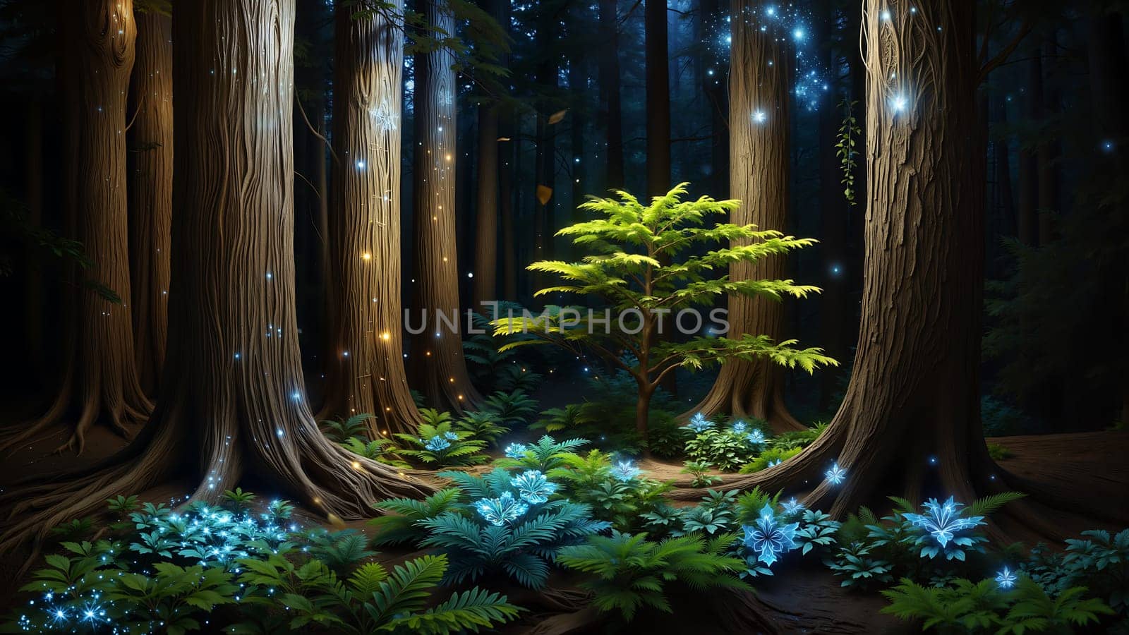A forest with a path through it and flowers on the side