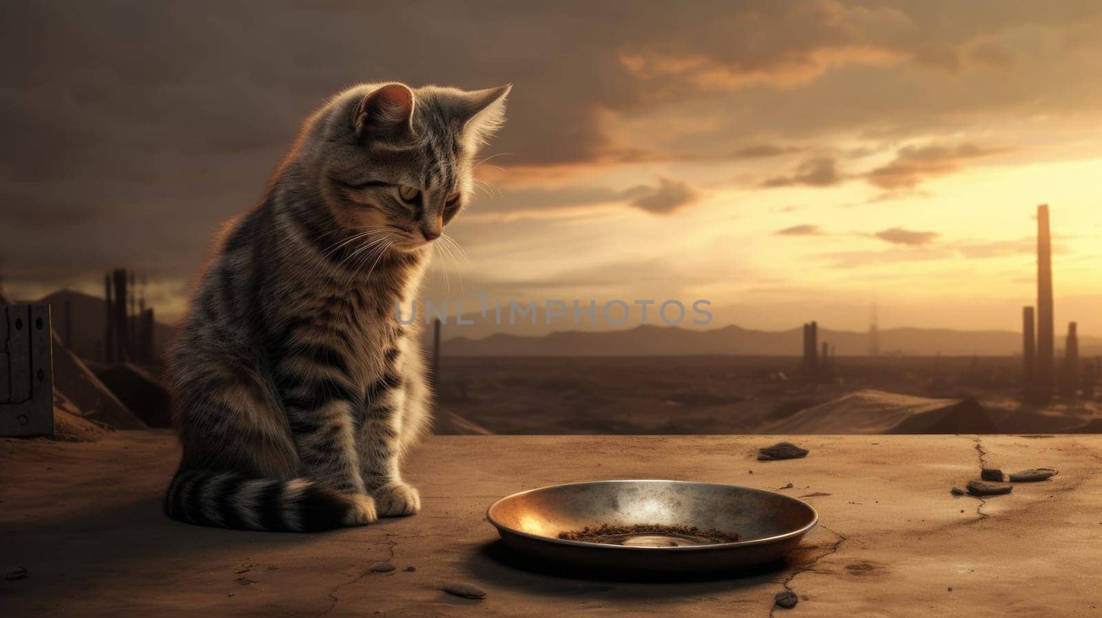 A hungry little kitten sits near an old iron bowl. Pet care and grooming concept