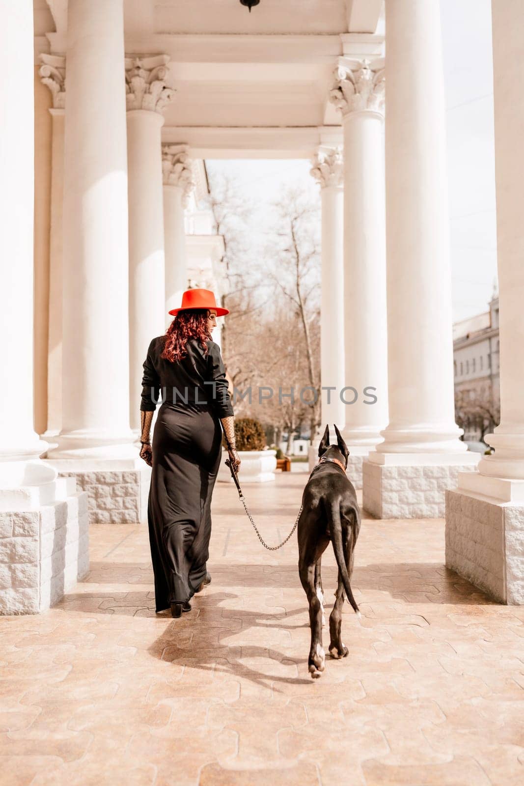 A photo of a woman and her Great Dane walking through a town, taking in the sights and sounds of the urban environment.