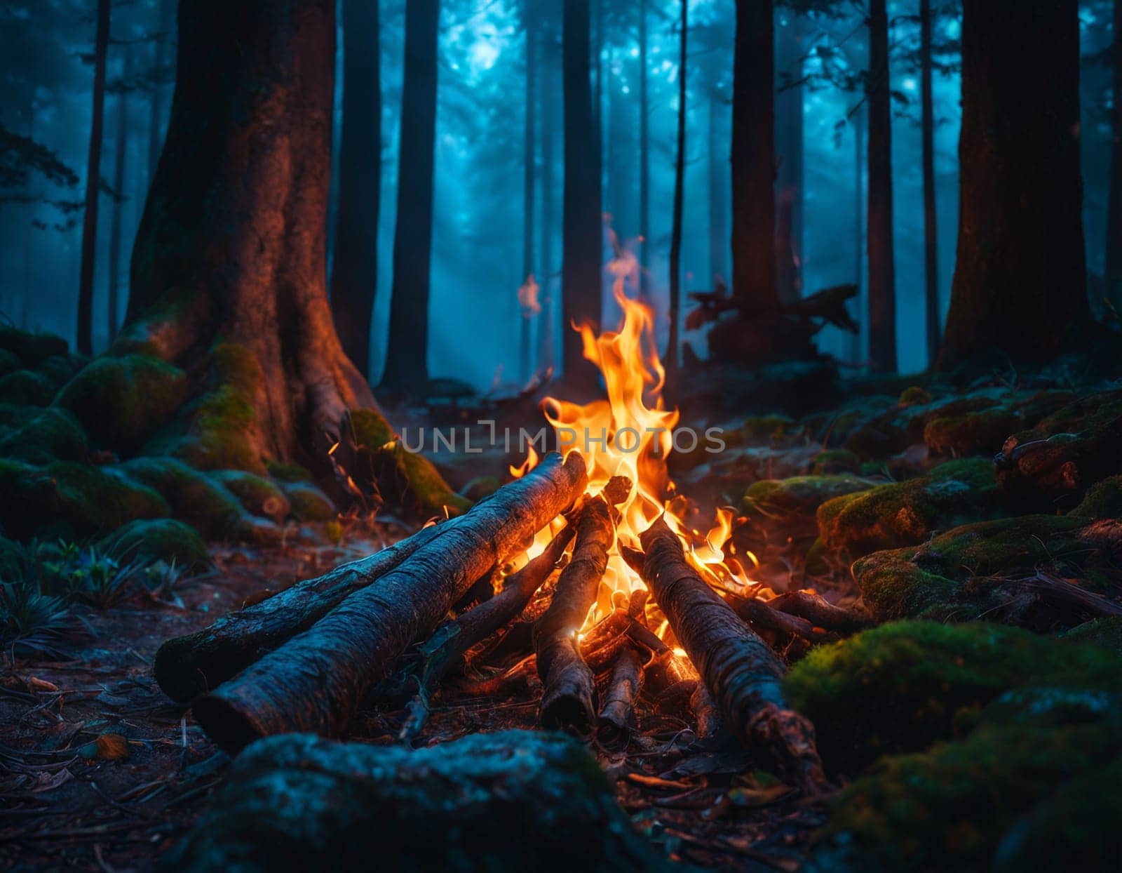 Bonfire in the dark forest. High quality illustration