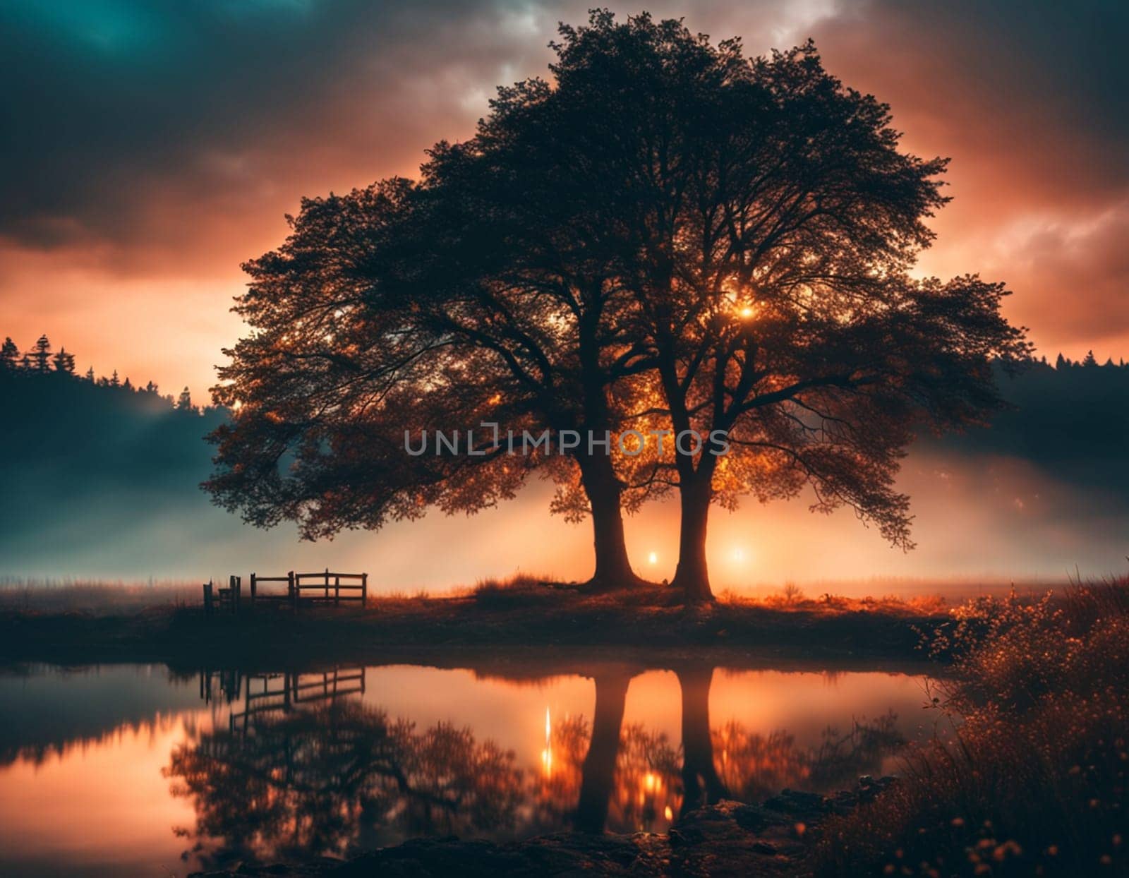 Sunset on the lake. High quality illustration