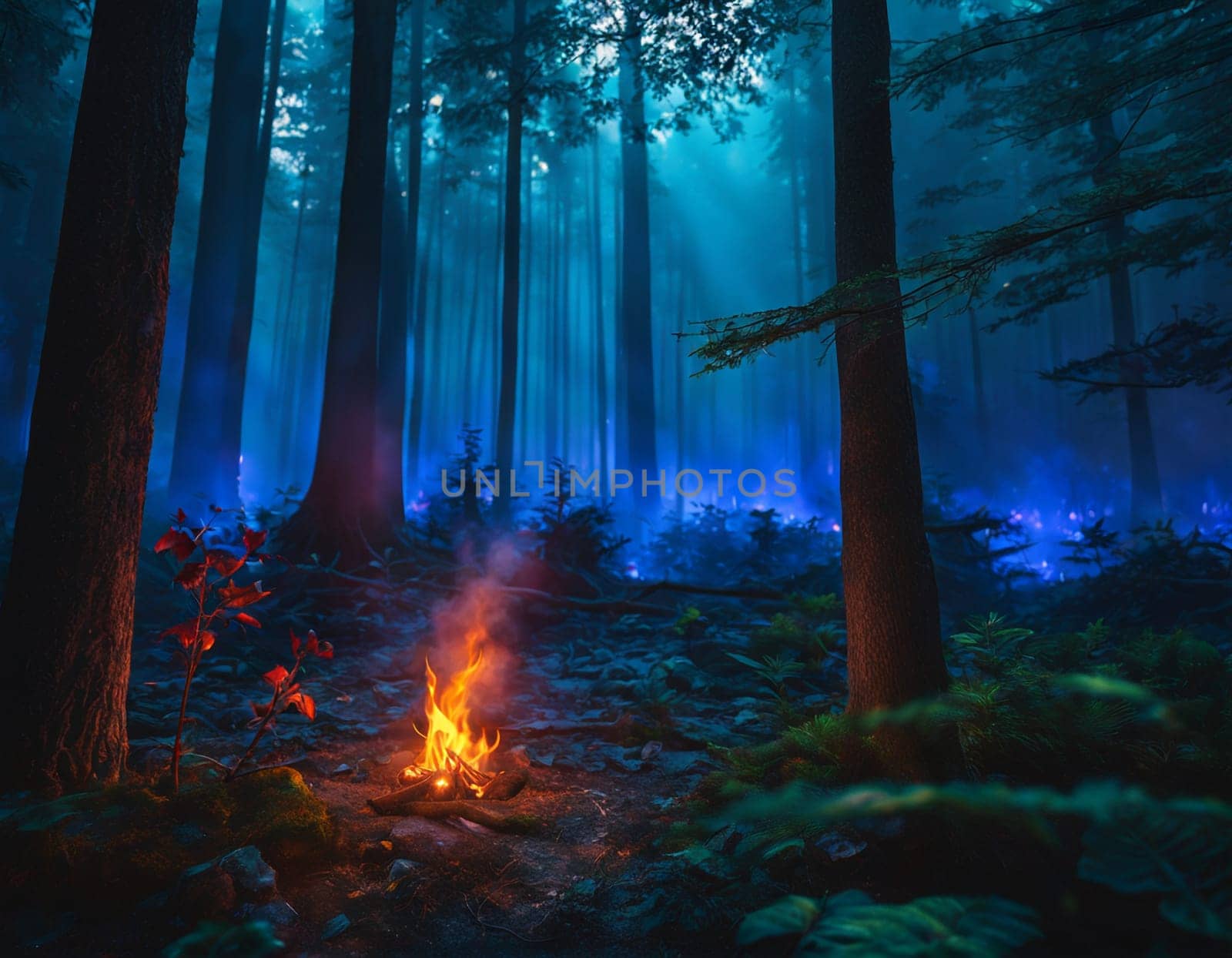 Bonfire in the dark forest. High quality illustration
