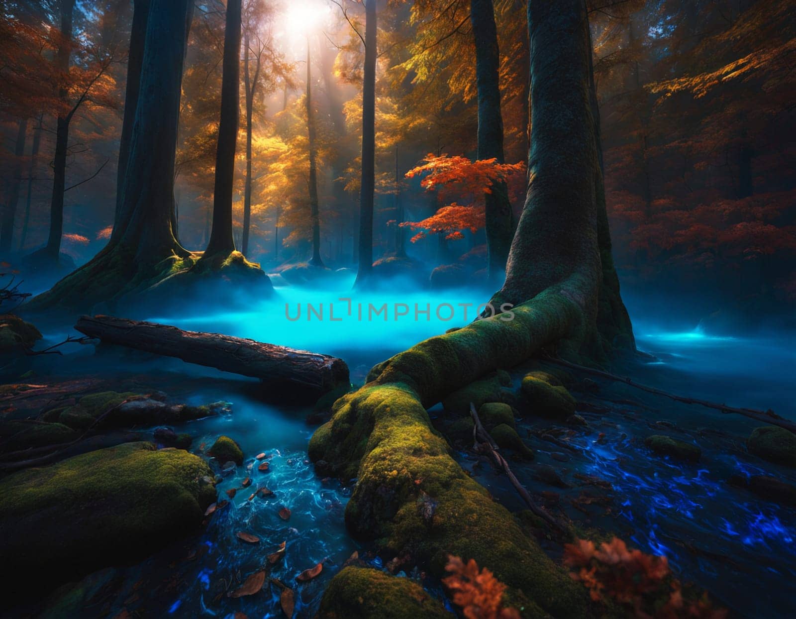 A river in a beautiful forest. High quality illustration