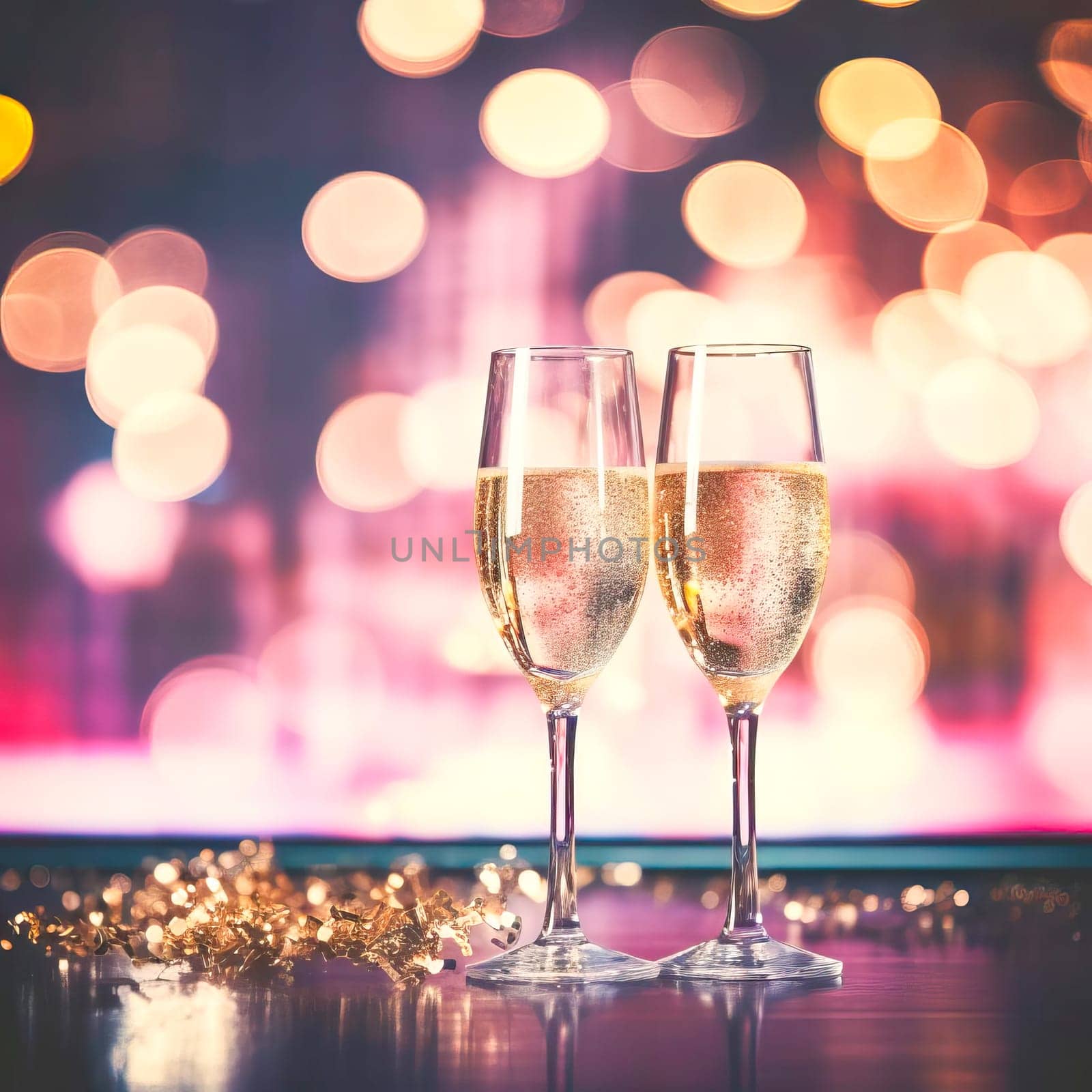 Joyful New Year's Celebration: Champagne Glasses and Fireworks. Generative AI.
