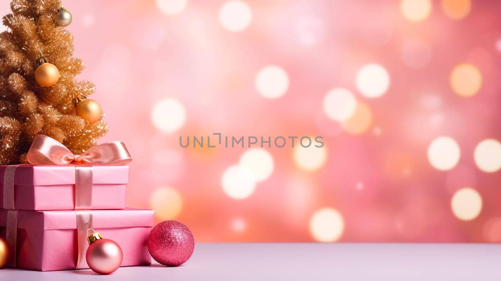 Festive Christmas Scene with Pink Bokeh and Copy Space. Generative AI by vladimka