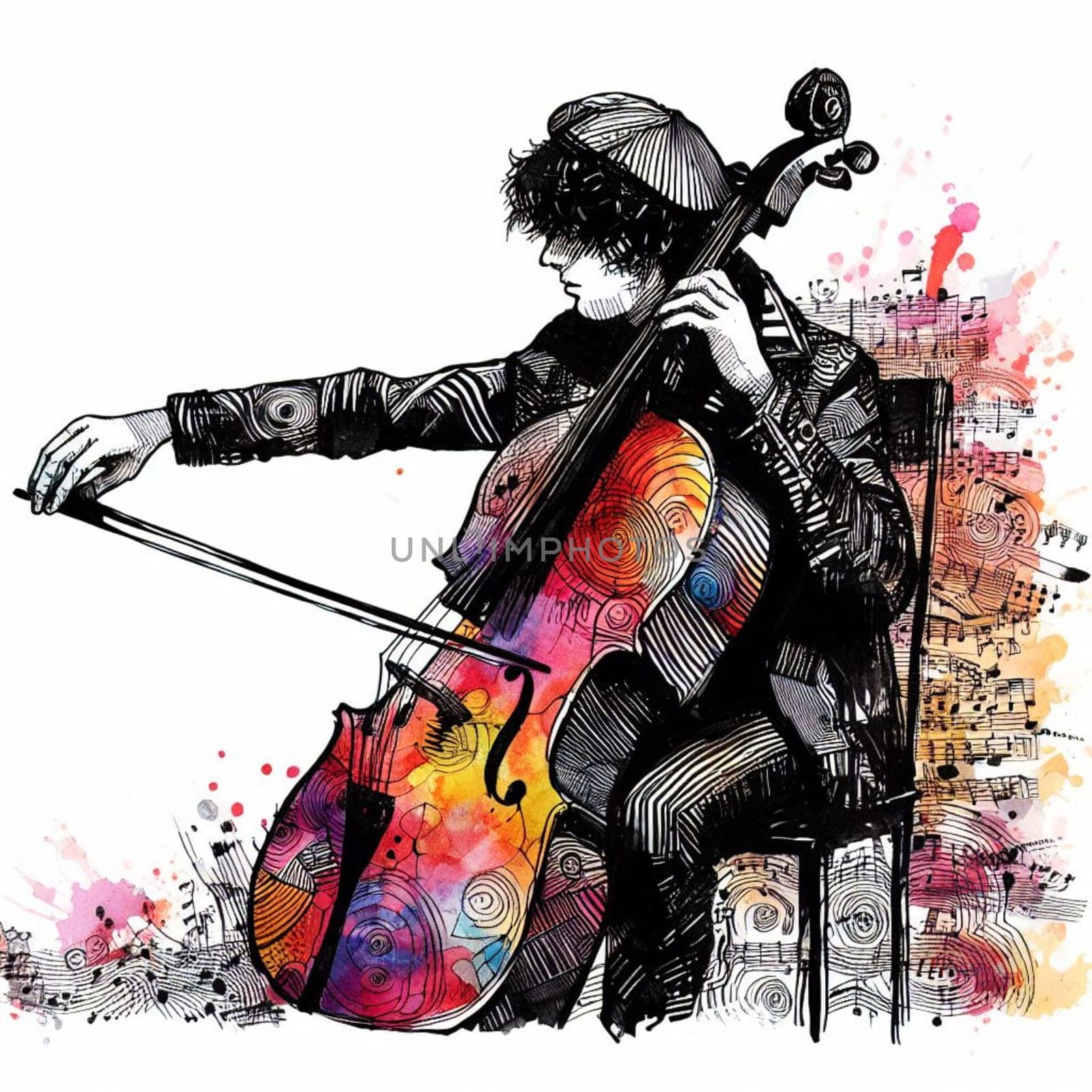 cellist musician playing cello over white background graphic illustration generative ai art poster