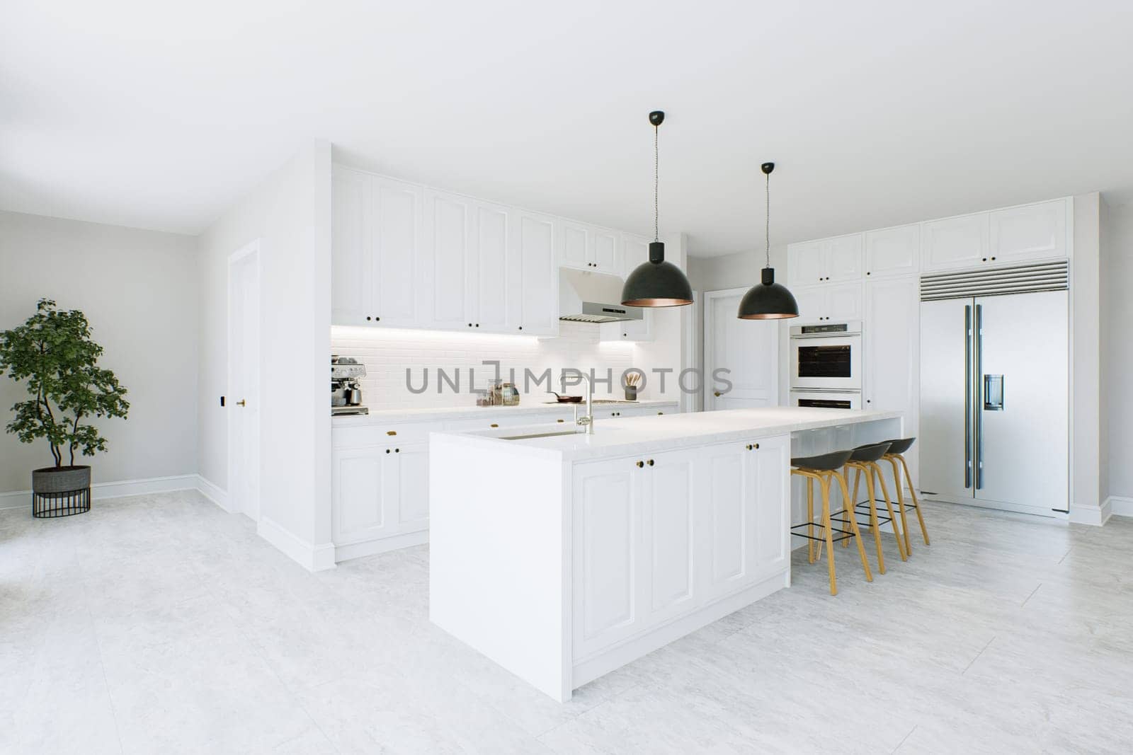 Stylish white kitchen with island, black chandeliers, appliances and utensils. by N_Design