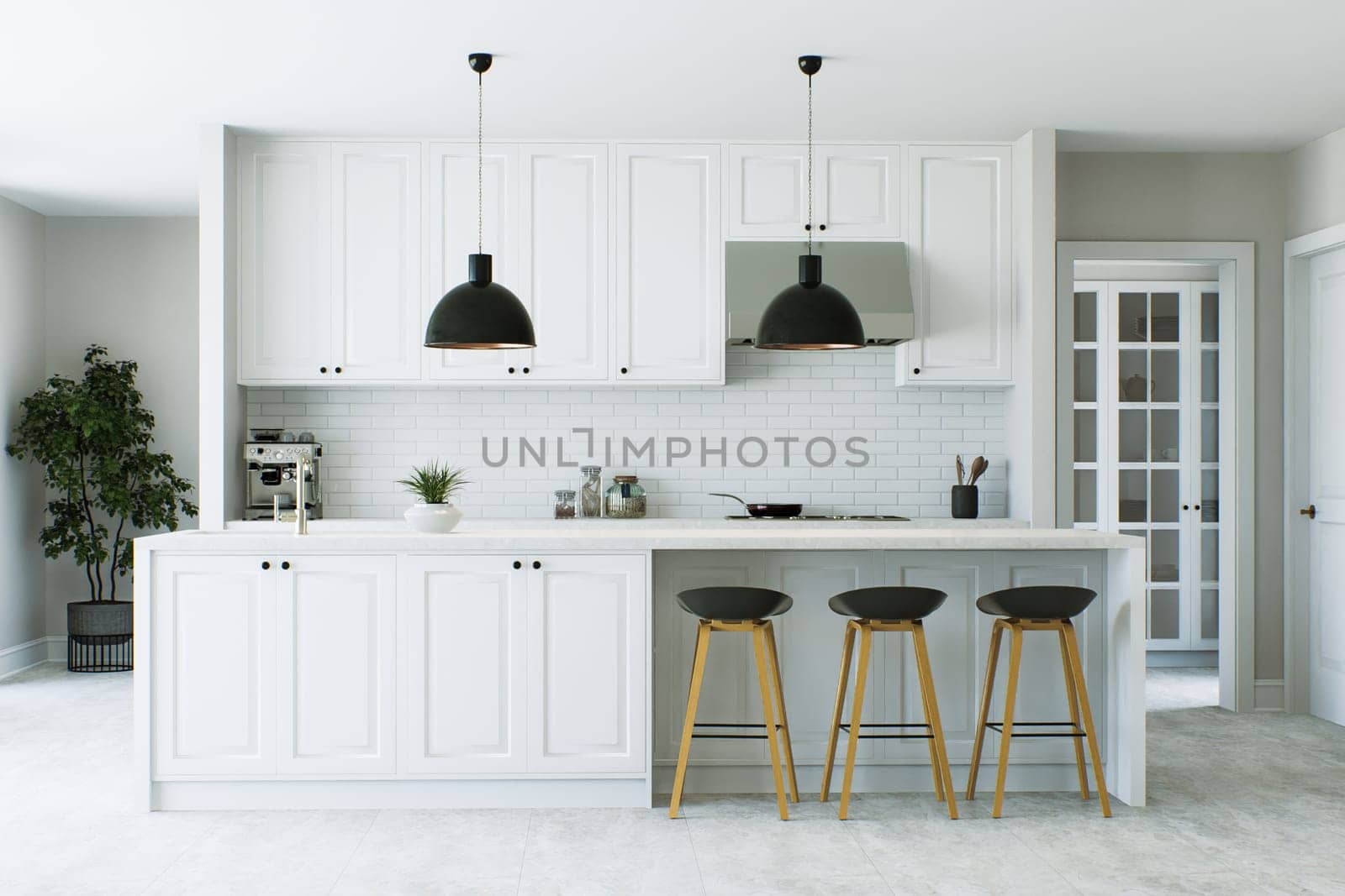 Kitchen with common area, kitchen appliances and white marble by N_Design