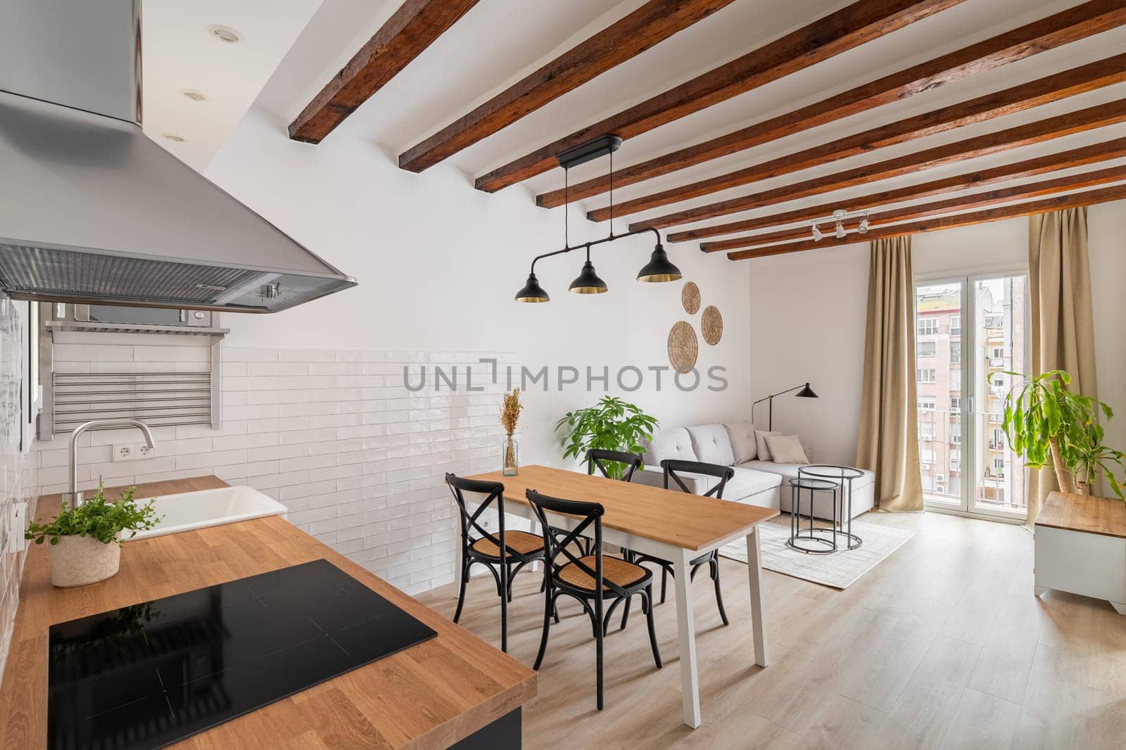 Stylish kitchen and dining area in modern studio apartment. Comfortable furniture arrangement in luxury restored flat. Residential house
