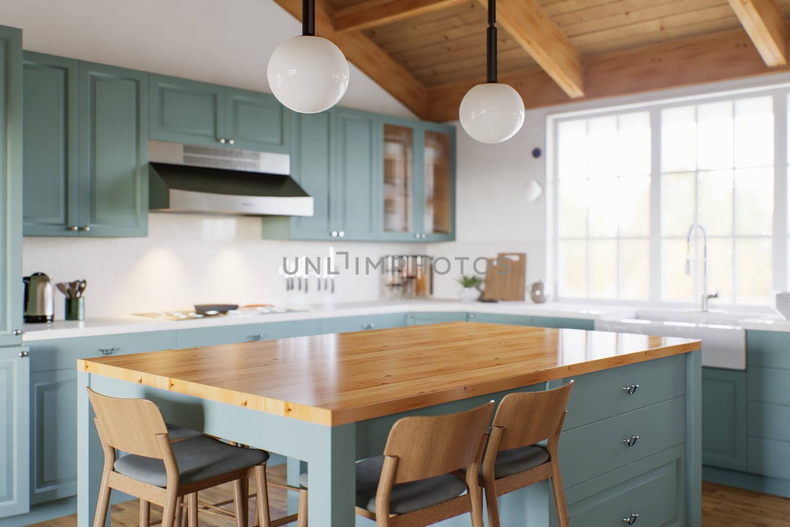 Kitchen with green cabinets, large window in the background and accent countertop to advertise the product. by N_Design