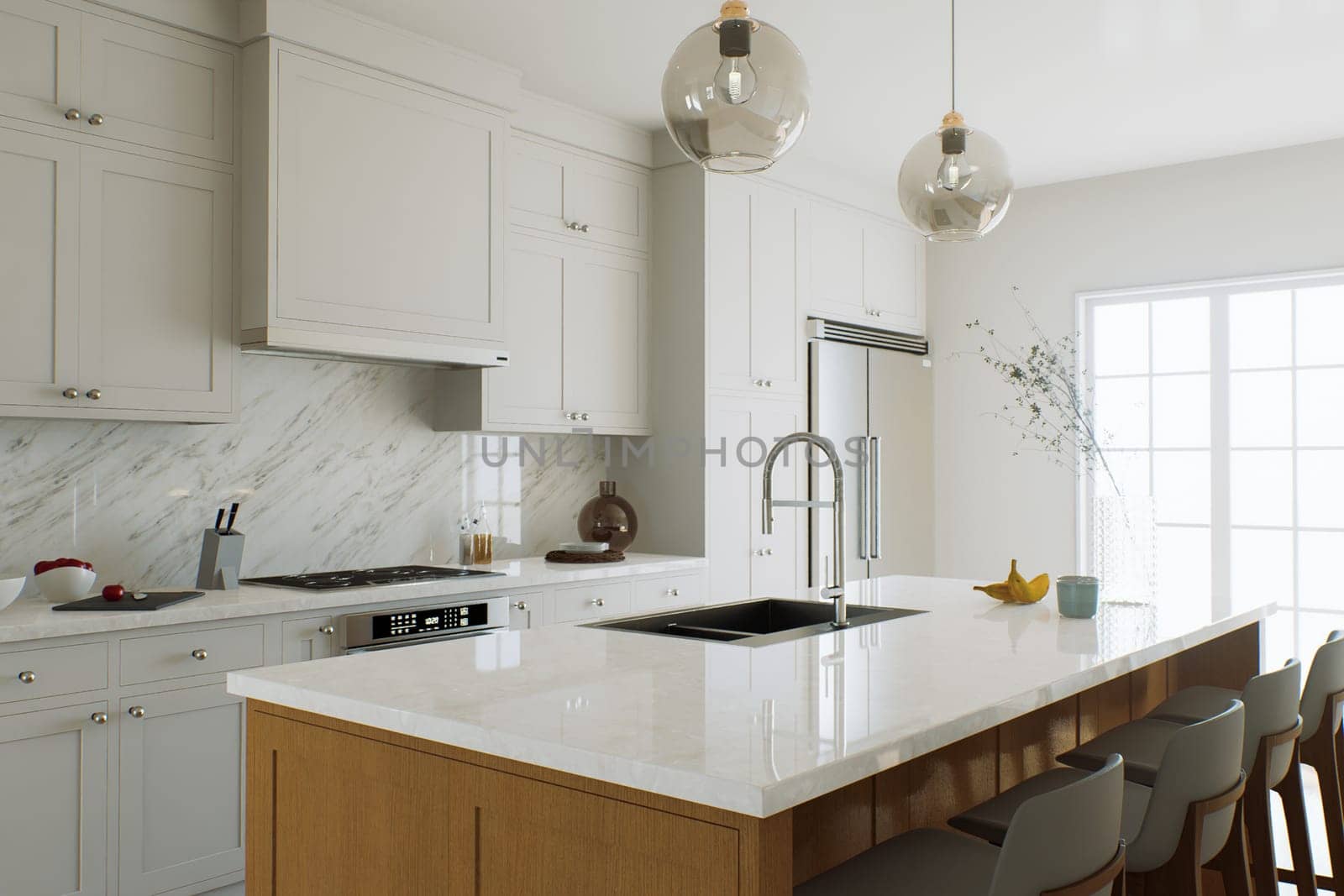 View of a kitchen island, white marble countertop with blurred white kitchen background for product presentation. Table with blurred kitchen background in bokeh. 3D rendering