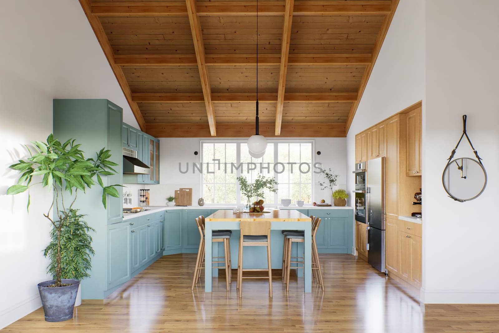 Kitchen interior with high ceiling and wood in the interior. 3d rendering. by N_Design