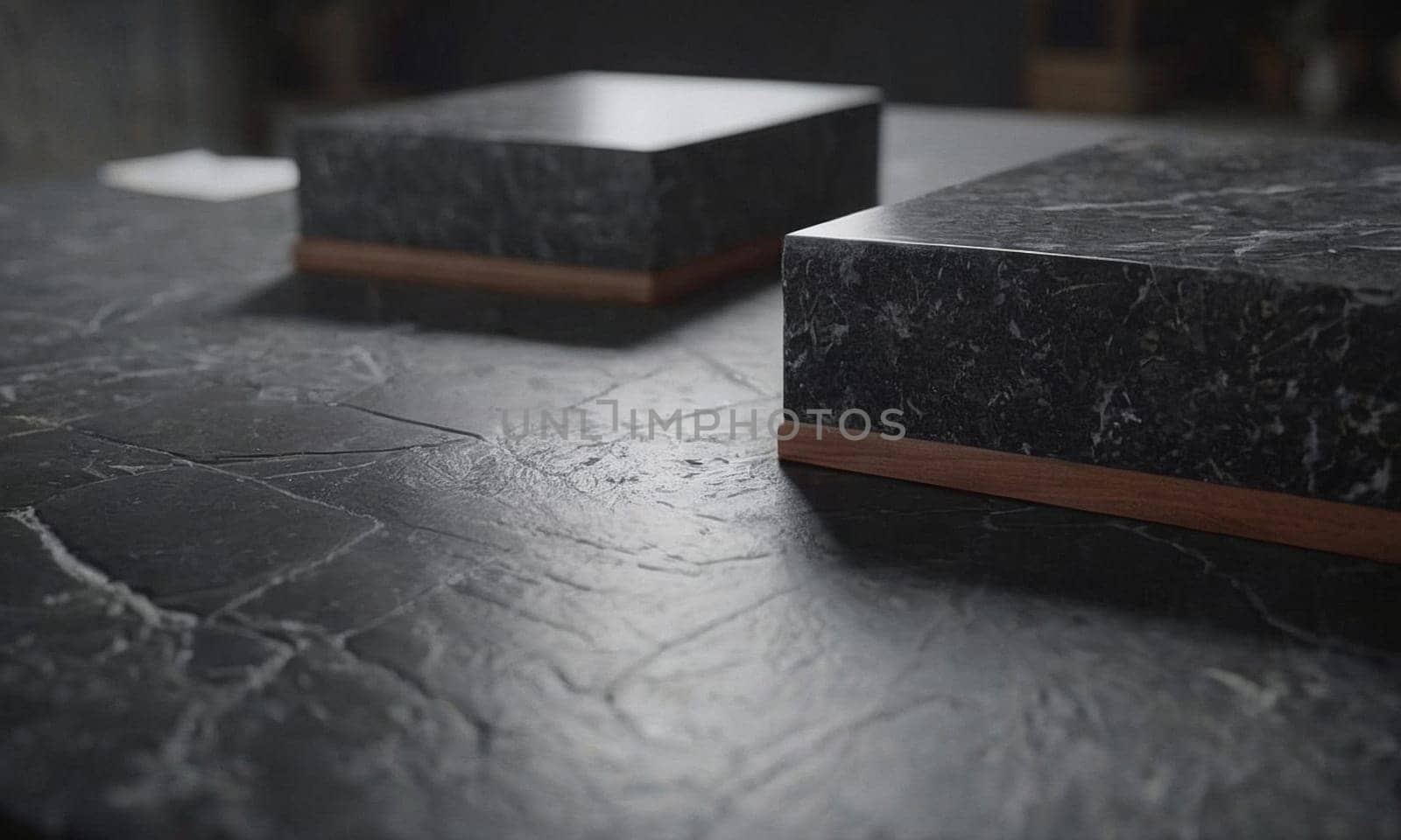 Professional design background with expensive black granite. Dark stone table with elements. High quality illustration