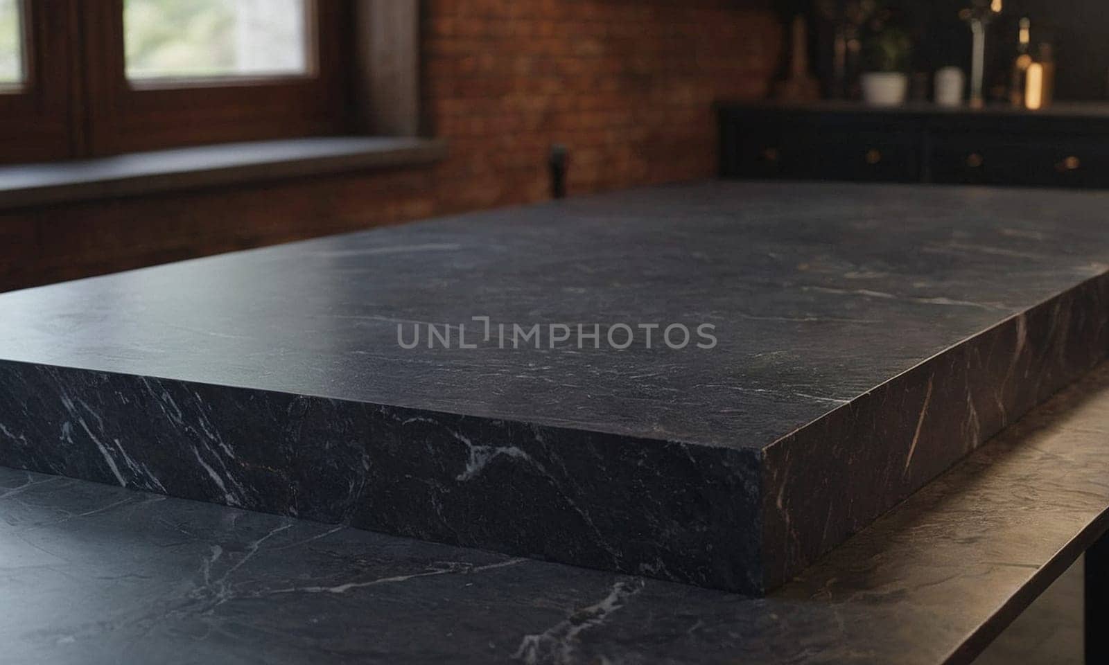 Professional design background with expensive black granite. Dark stone table with elements. High quality illustration