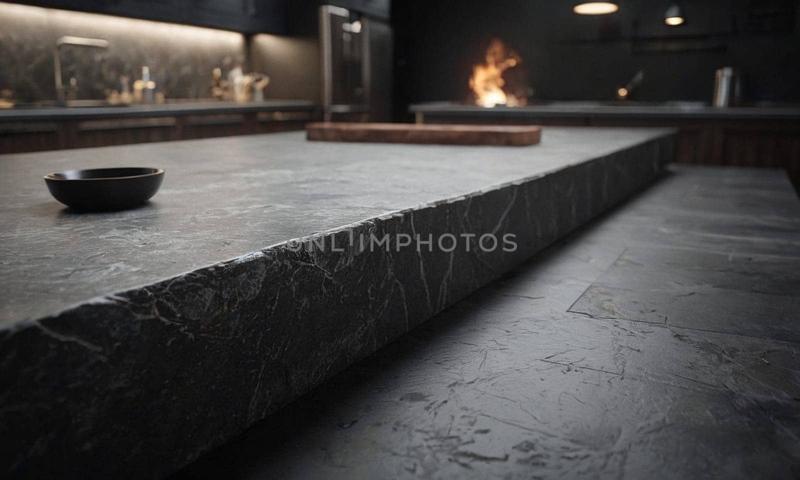 Professional design background with expensive black granite. Dark stone table with elements. High quality illustration