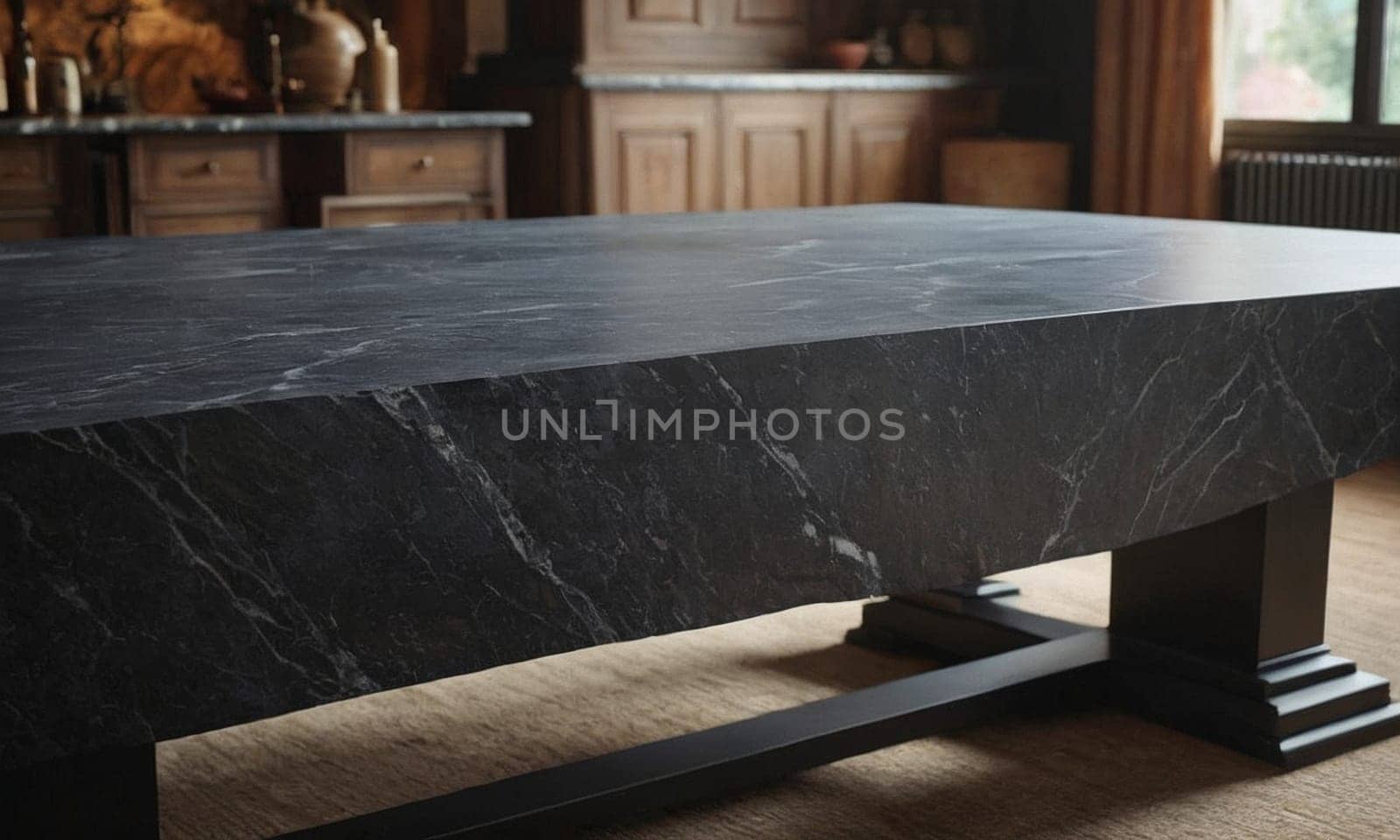 Professional design background with expensive black granite. Dark stone table with elements. High quality illustration