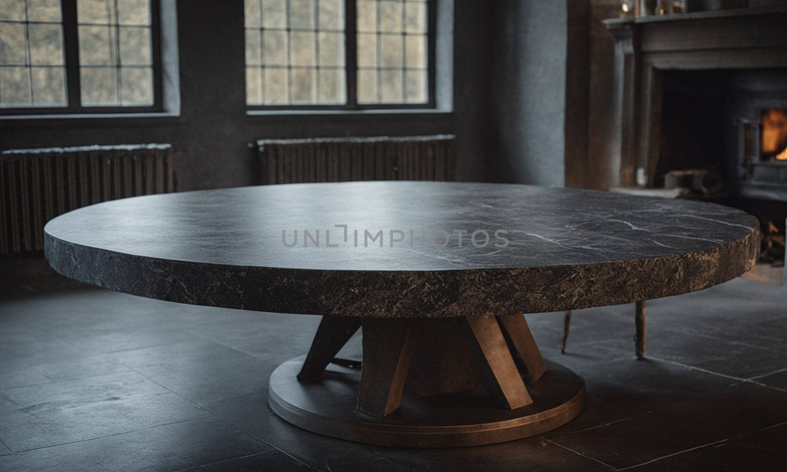 Professional design background with expensive black granite. Dark stone table with elements. High quality illustration