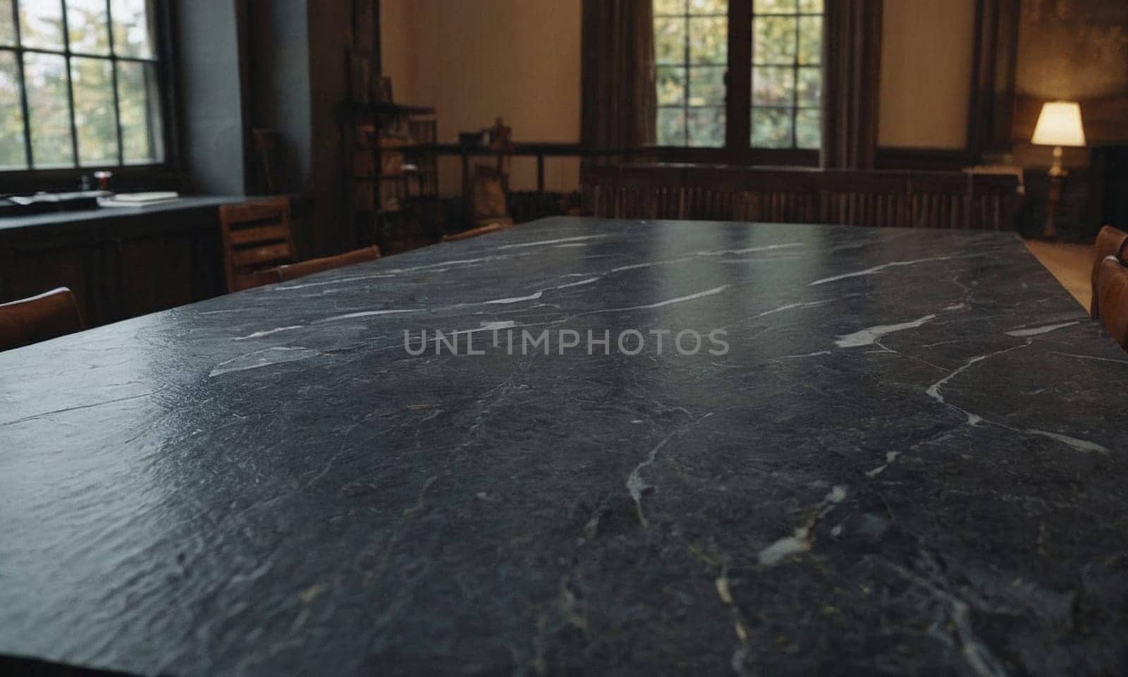 Professional design background with expensive black granite. Dark stone table with elements. High quality illustration