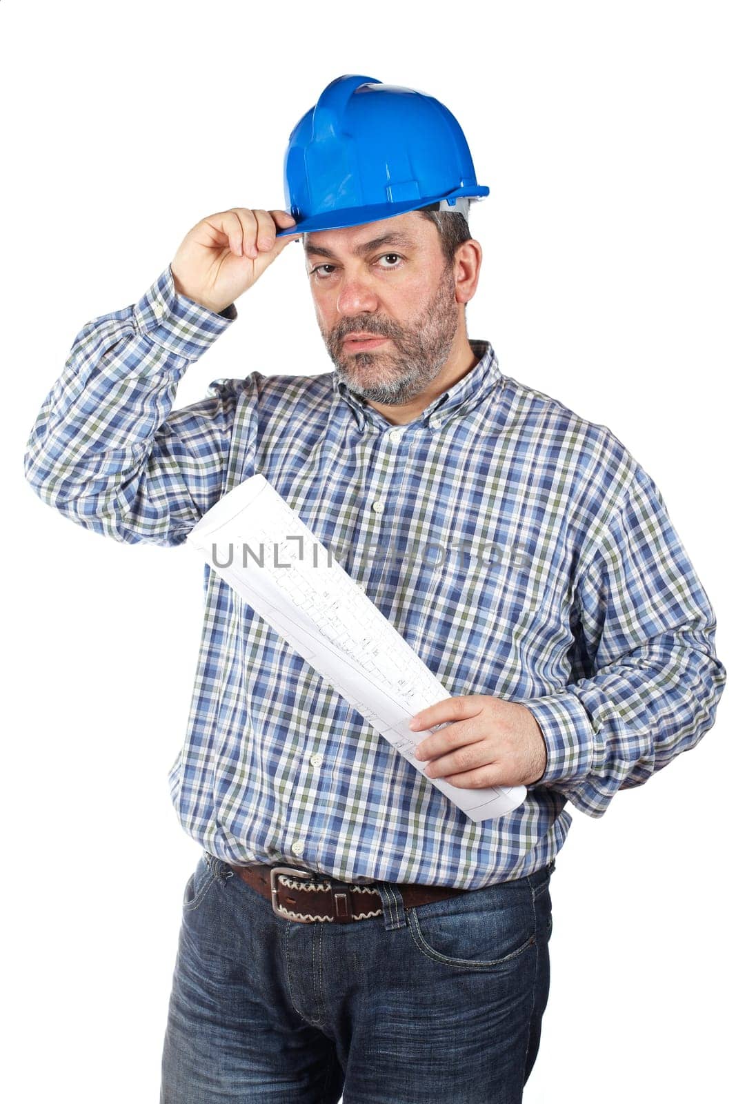Construction worker holding blueprints