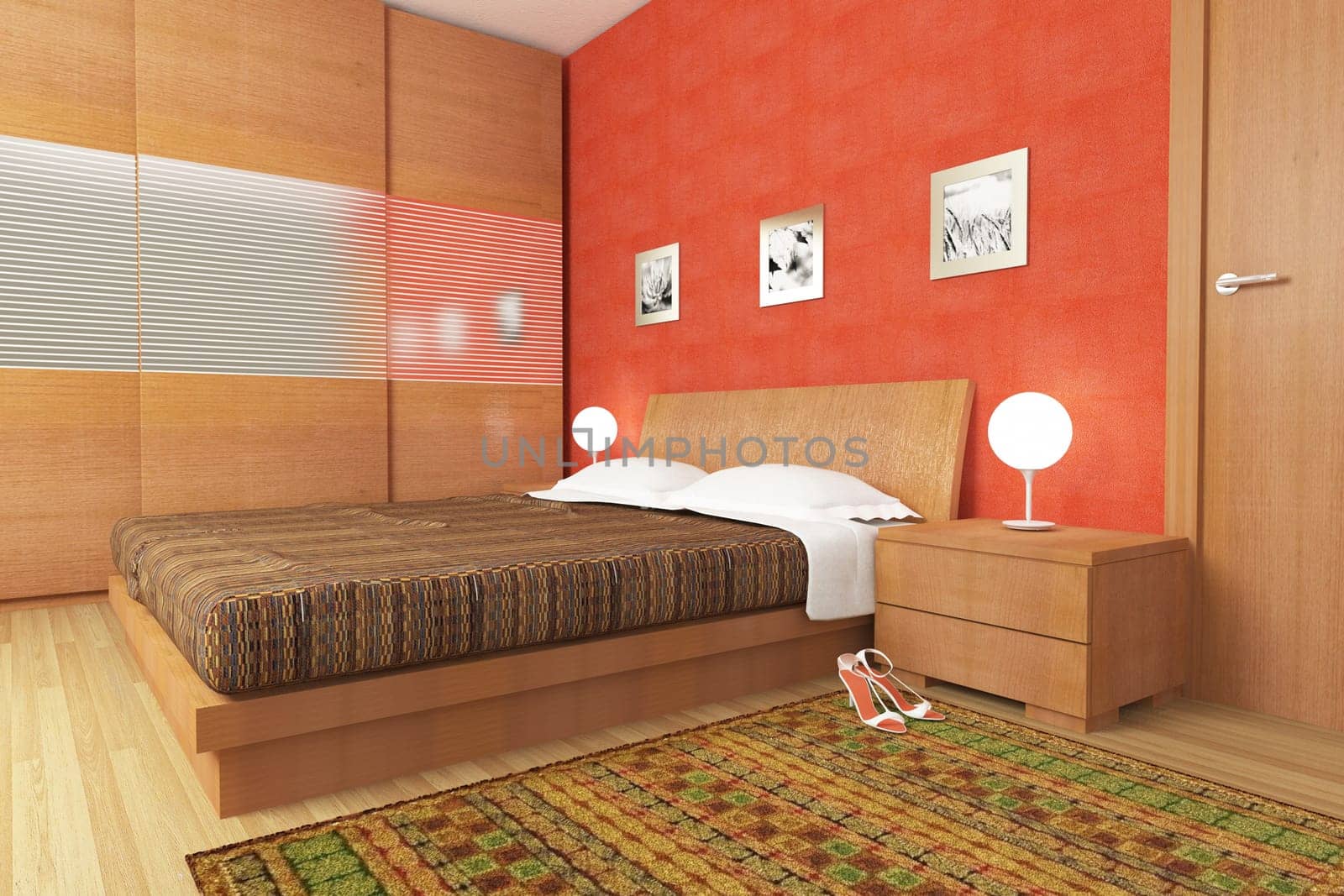 modern wood bedroom illustration fine 3d interior