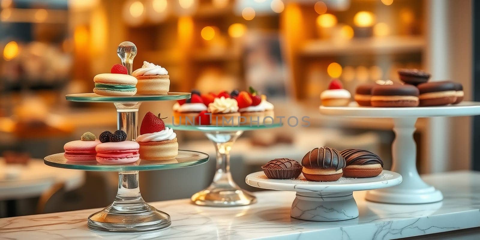 Glass display case with cakes in a confectionery store. High quality photo