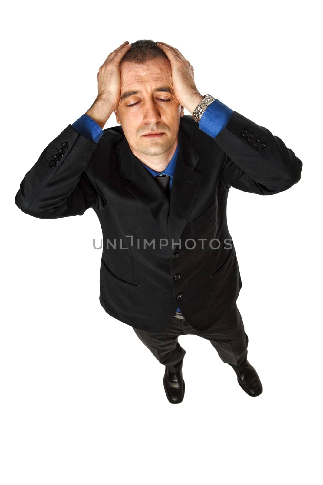 portrait of young stressed businessman isolated on white