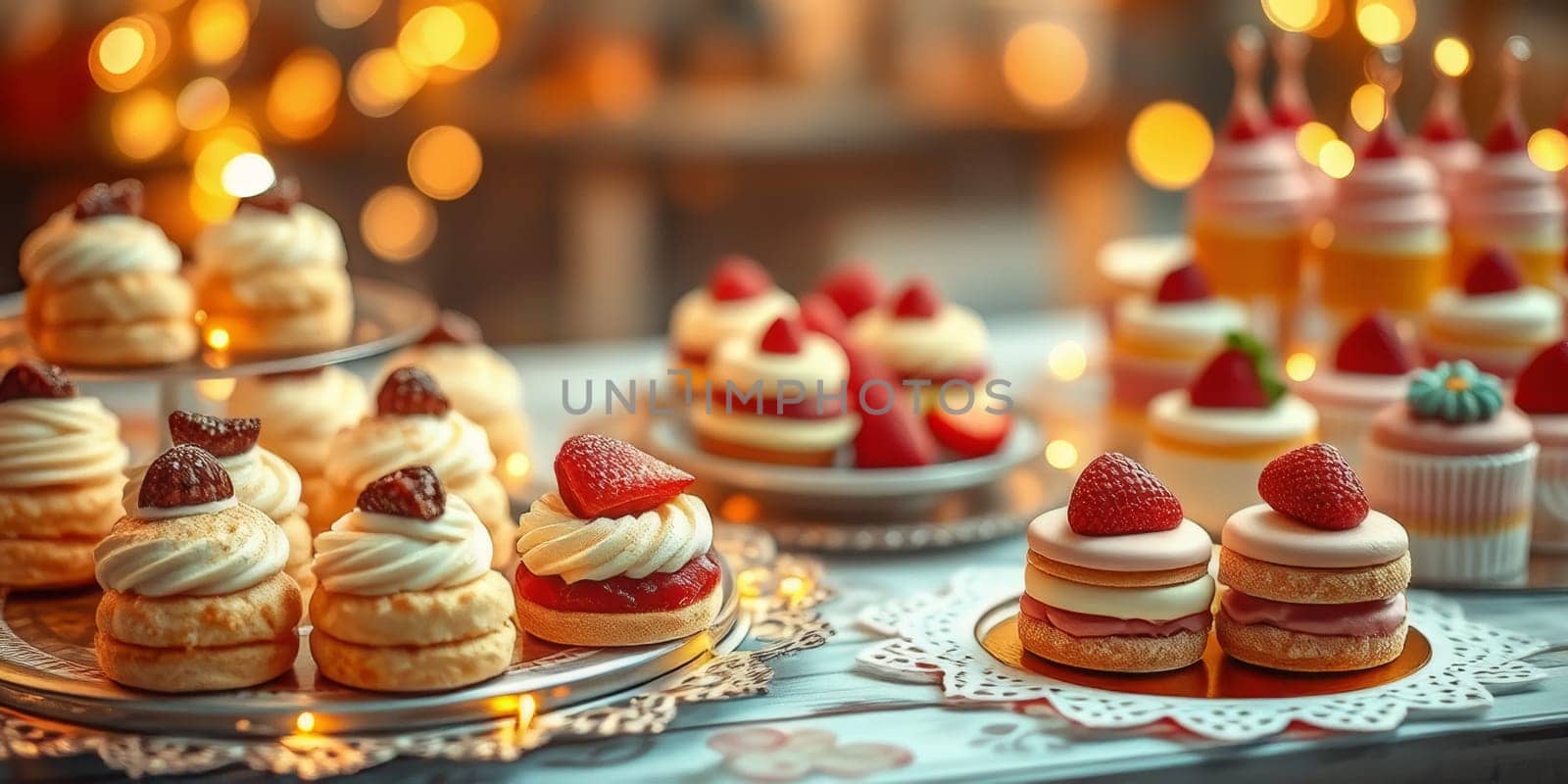 Glass display case with cakes in a confectionery store. High quality photo