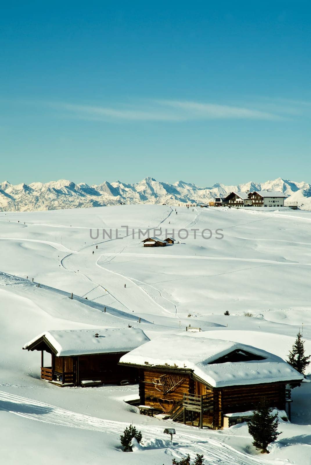 Huts on the Alpe di Siusi in the snow