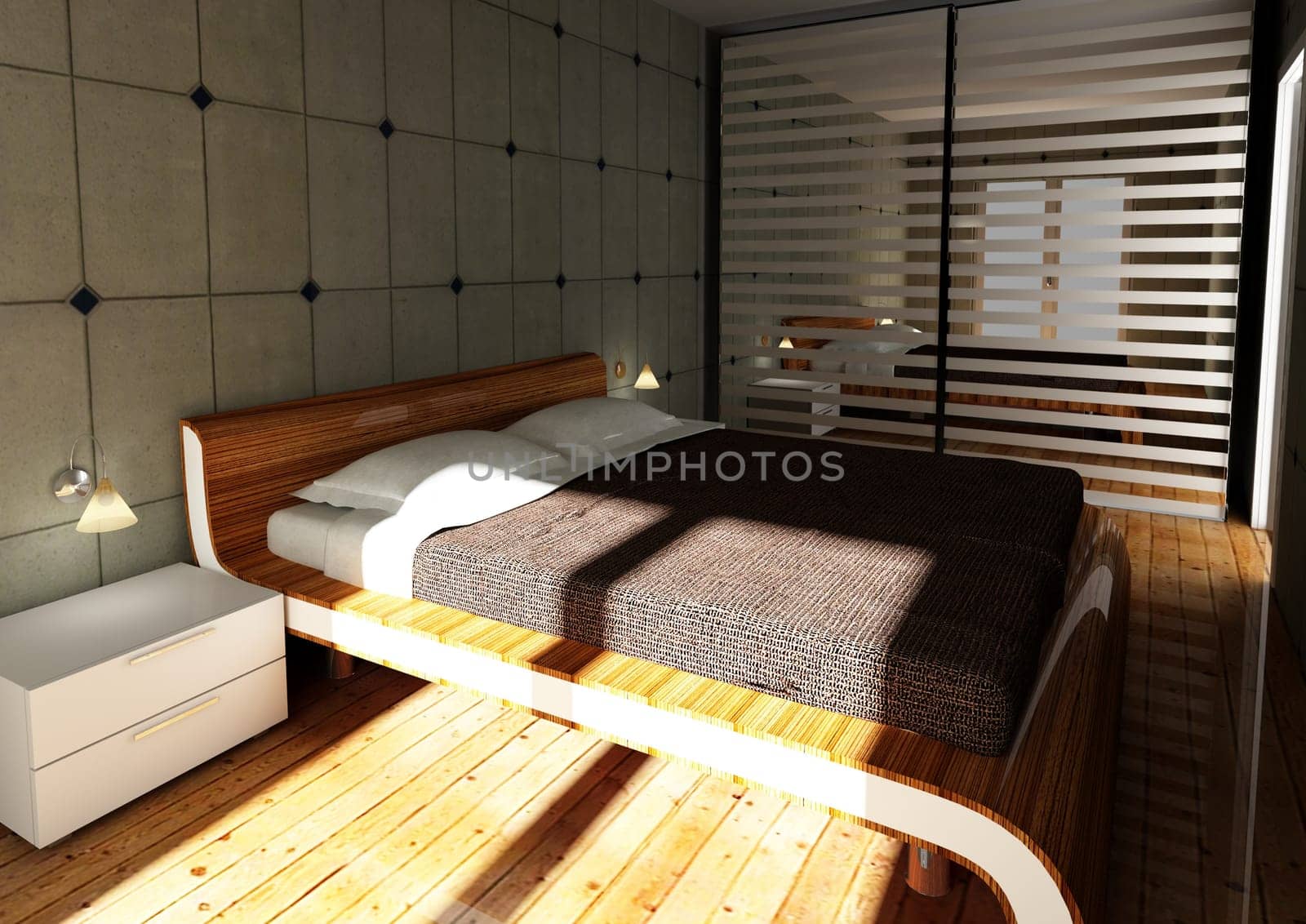 3d image of modern bedroom, with concrete wall, computer generated