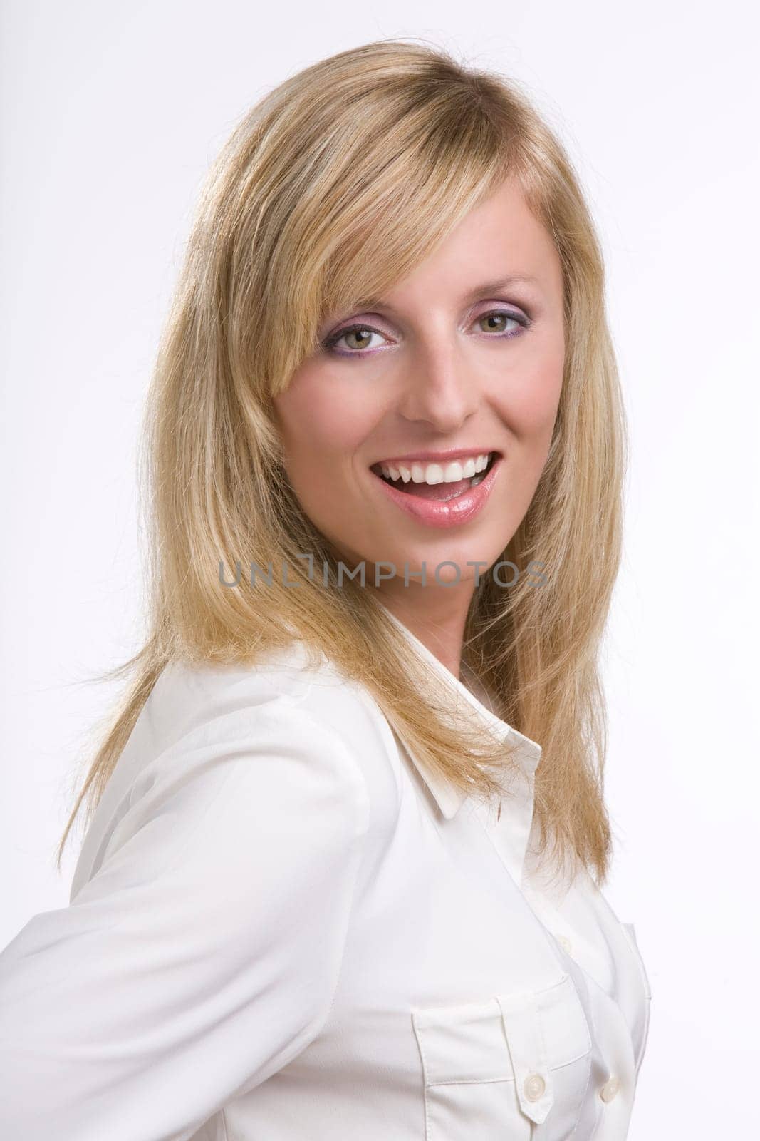 Dynamic young woman. Isolated over white