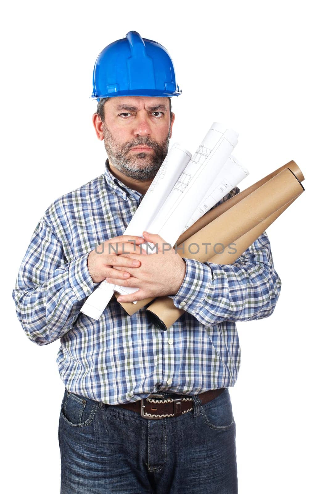Construction worker holding blueprints
