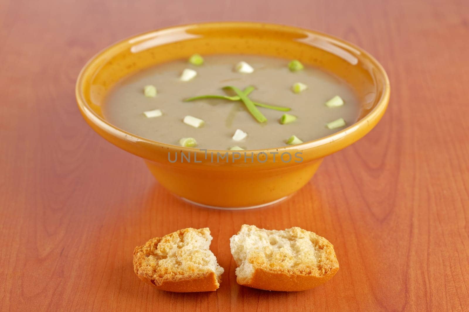 Cream of mushroom soup and bread croutons